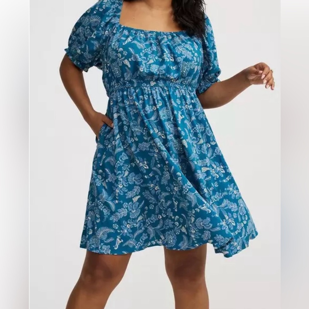 torrid Teal Blue Floral Square-Neck Mini Dress